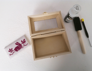 wood box, foam brush, paint, cross-stitch rabbit bunny